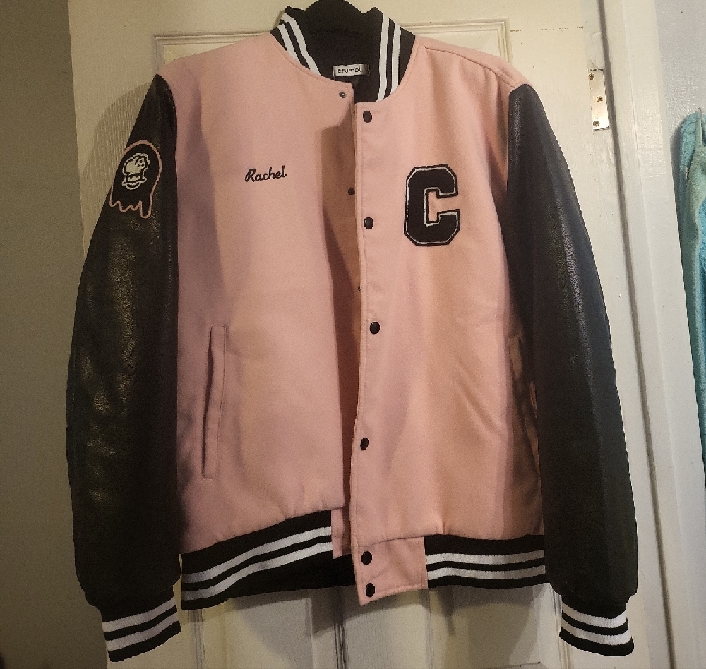 Pink and Black Varsity Jacket with Ribbed Collar